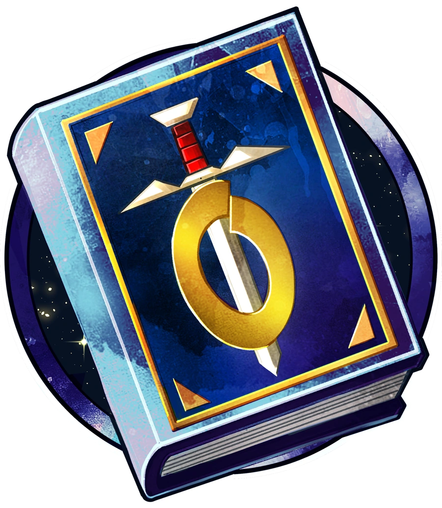 Logo Twitch d’Ollipmac : un livre bleu, une épée et un O doré.