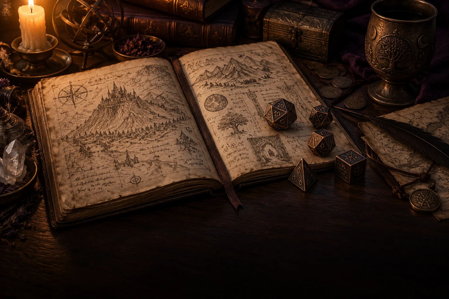 Dés de jeu de rôle sur un carnet de campagne éclairé à la bougie.